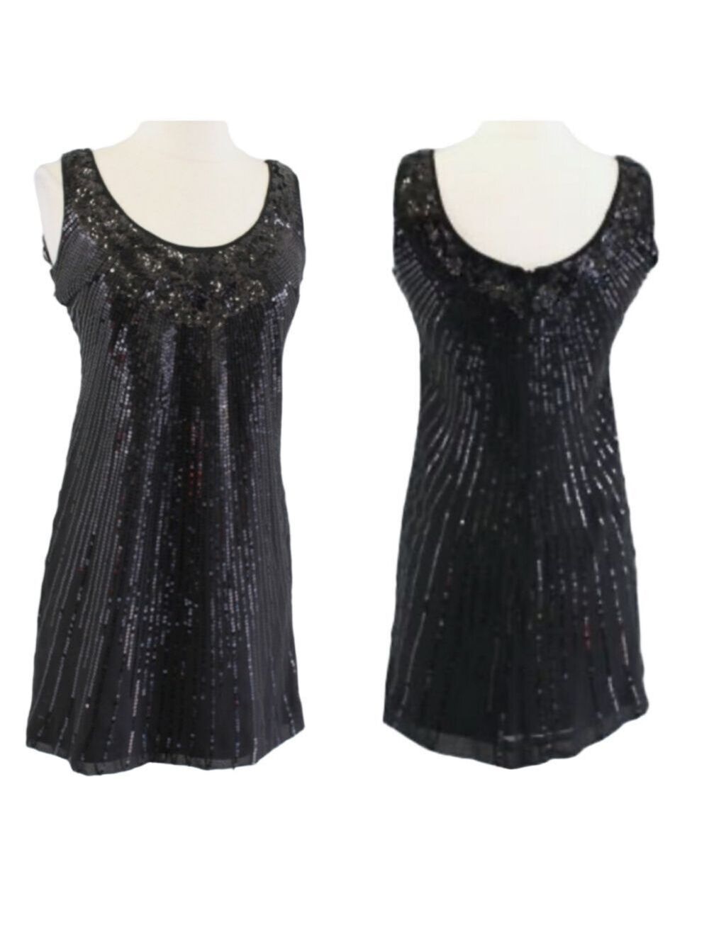 White House Black Market Dress Black Sequin size 0 Floral Burst Night Out Party